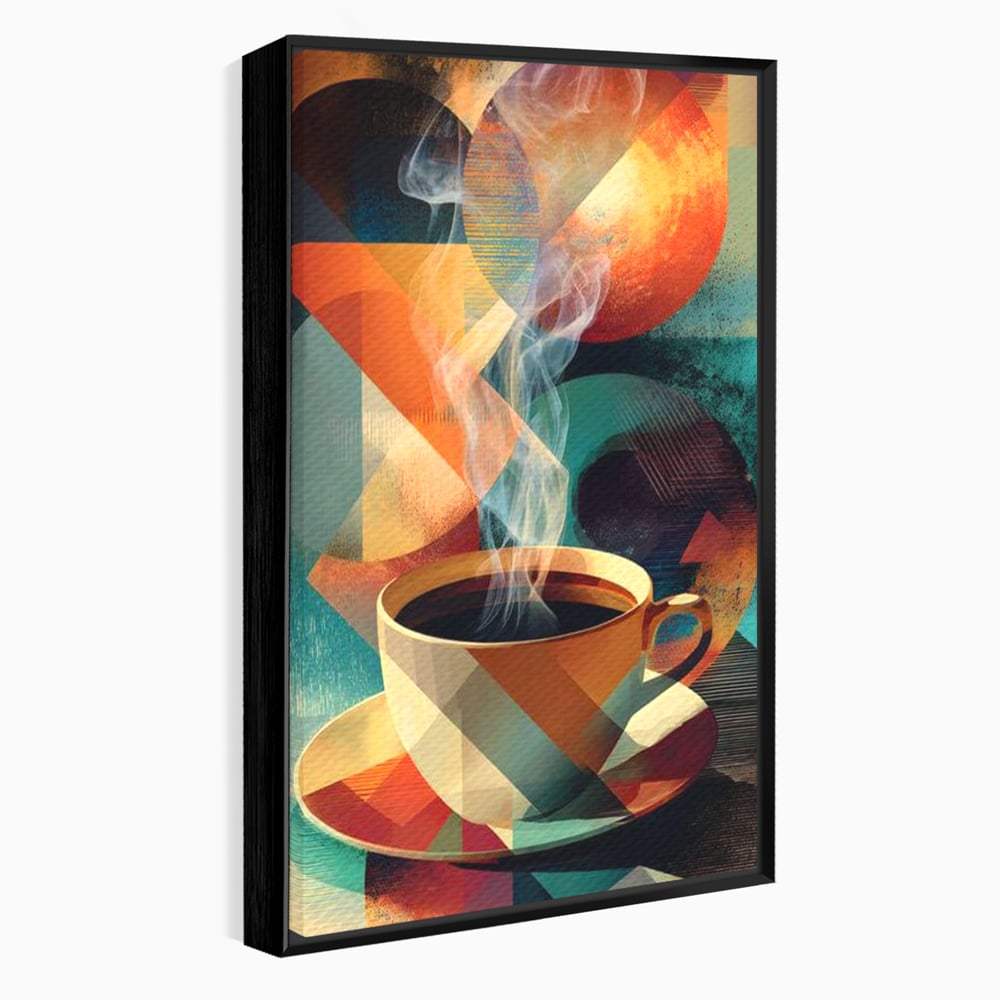 Tablou canvas cu ilustratie abstracta cu ceasca de cafea, in rama de aluminiu negru